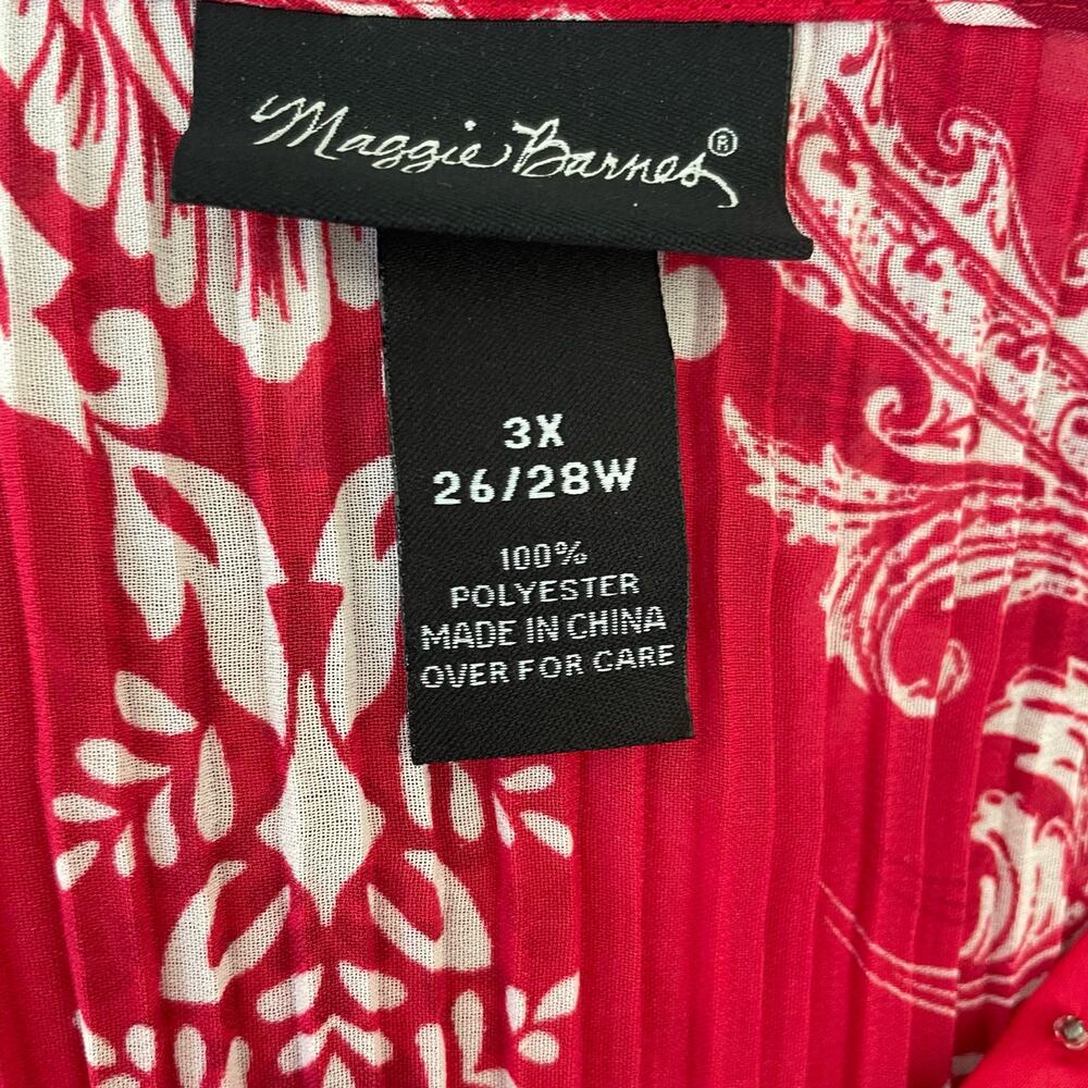 Maggie Barnes Women Top 3X Red Damask Print Crinkle Beaded Dressy‎ Mature Office - Picture 2 of 10